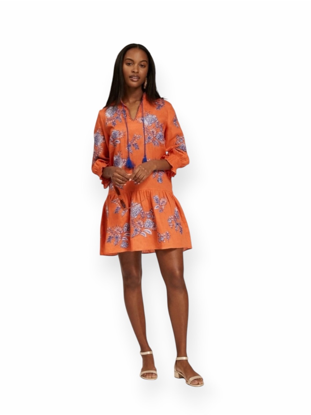 TYLER BOE Niki Fleur De Lis Dress Tiger Lily Print Orange Blue Linen L Knicks